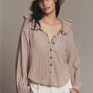 Anthropologie Brown Checkered Ruffle Collar Top xxs NWT